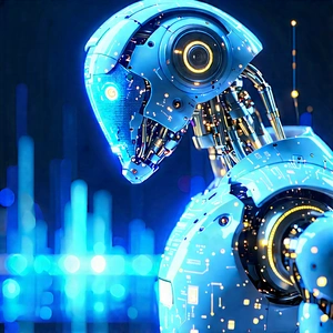Robot With Holographic Projection With Futuristic Robot