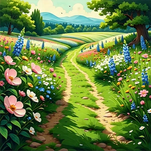 Nature Vector Art: Path Through Flowering Meadow With Beautiful, Lush