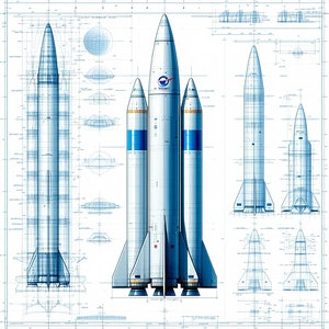 A Blue Rocket Ship Is Shown In A Drawing, With A Close-up Of The Front Of The Ship