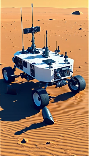A White Robotic Vehicle With Four Wheels, Sitting On A Sandy Surface