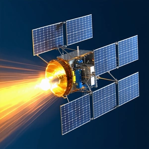 A Spacecraft With A Solar Panel On Its Side, Flying Through The Sky