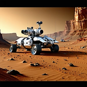 A Futuristic Vehicle, Possibly A Tank Or A Rover, Parked On A Dirt Road In A Desert-like Environment