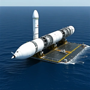 A Large White Space Shuttle Is Floating On Top Of A Platform In The Ocean