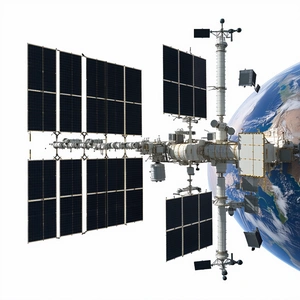 A Large Space Station Is Shown In A Close-up View, With The Earth In The Background