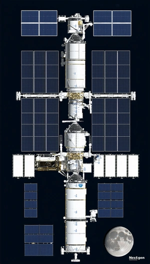 A Large Spacecraft With A White And Blue Color Scheme