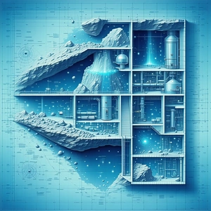 A Blue And White Drawing Of A Space Station Is Shown