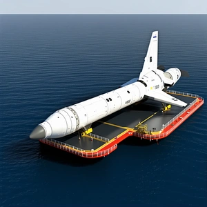 A Large White Space Shuttle Is Sitting On A Floating Platform In The Ocean