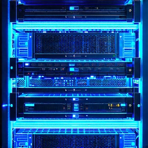 Server rack with blue light glow