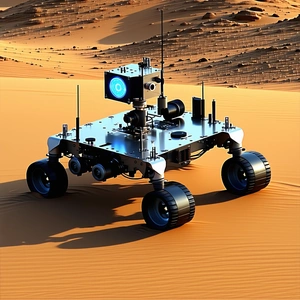 A Robot Is Sitting On A Sandy Surface, Possibly A Desert