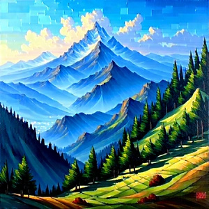 Nature Oil Painting: Mountain Range During Midday With Beautiful Mountain