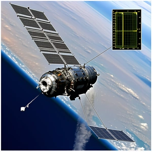 A Space Shuttle Flying Through The Sky, With A Large Satellite Attached To Its Side