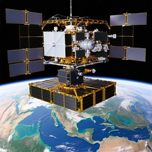 A Large Spacecraft, Possibly A Satellite Or A Space Station, Floating In The Air Above The Earth