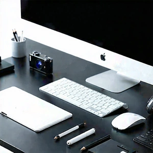 Business Drone Photography: Workplace with digital devices on desk