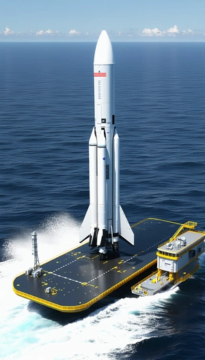 A Large White Rocket Ship On A Yellow Platform, Which Is Floating On The Water