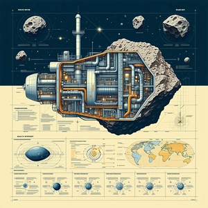 A Large, Detailed Illustration Of A Space Station Is Shown, With A Large Rock In The Center