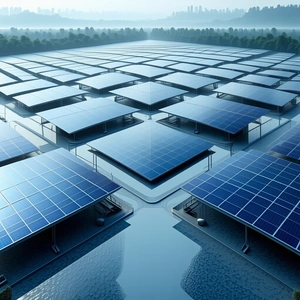 The image features a large body of water with a number of solar pan...
