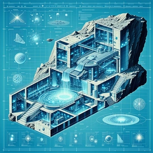 blue white drawing futuristic building