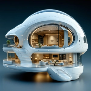 A large, futuristic-looking house with a curved, white exterior.