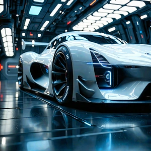 Tech Digital Art: Automotive Technology In Research Center With White Sports