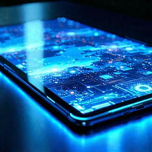 Tablet With Glowing Screen With Blue Screen