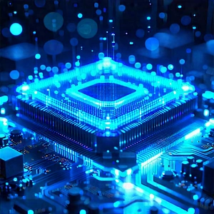 Quantum Computer With Blue Light Glow With Blue White