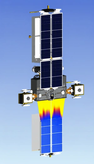 A Spacecraft Is Shown In A Close-up View, With Its Solar Panels And Other Components Clearly Visible