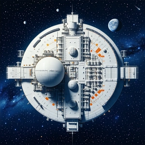 A Large White Space Station Is Shown In A Drawing, With A Large White Sphere In The Center