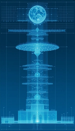 A Blue And White Drawing Of A Tower Is Displayed