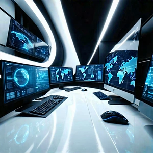 Tech Long Exposure Photography: (futuristic:1.12) Digital Workspace With Large Room