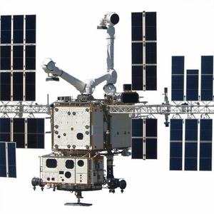 A Large Spacecraft With A White And Blue Color Scheme