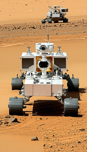 A White Robotic Vehicle, Possibly A Rover, Driving Across A Sandy Terrain
