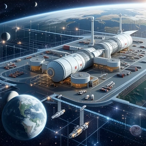 The Image Is A Futuristic Space Station With A Large White Building And A Space Shuttle Docked To It