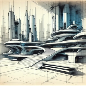 Tech Ink Drawing: Futuristic Innovation Hub With Drawing Futuristic