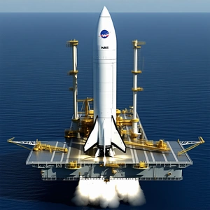 A Large Rocket Ship Floating On Top Of A Platform In The Ocean