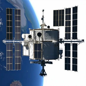 A Large Space Station Is Shown In A Close-up View, With A Blue Background
