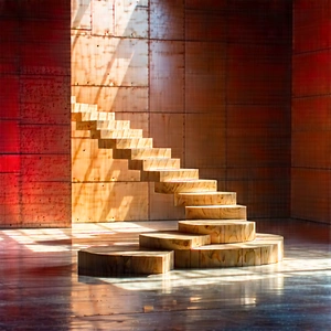 Abstract Concept Art: Wood Installation With Reflection With Wooden Staircase