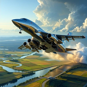 The image features a large passenger jet flying high in the sky.