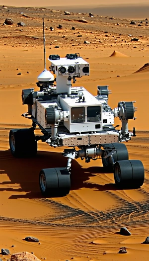 A Large Robotic Vehicle, Possibly A Rover, Driving Across A Sandy Terrain