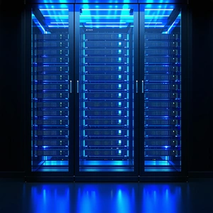 The image features a large blue server room with a blue glow.