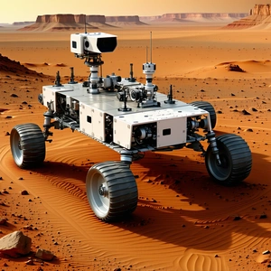A White Robotic Vehicle With A Large Camera On Top Of It, Driving Across A Sandy Terrain