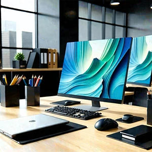 Business Lithograph: Workplace with (digital:1.46) devices on desk
