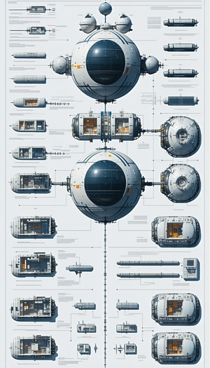 A Large, Detailed Drawing Of A Space Station Is Displayed In A Blue And White Color Scheme