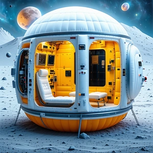 In The Image, There Is A Large, White, And Yellow Spacecraft With A Dome-shaped Top