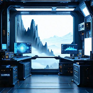 Futuristic (digital:1.12) Workspace With Futuristic Setting,