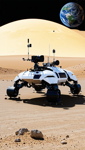 A White Robotic Vehicle Is Sitting On A Sandy Surface, Possibly A Desert