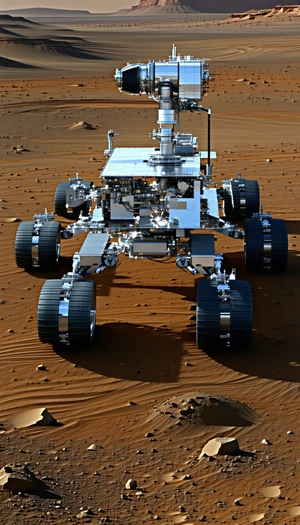 A Large Robotic Vehicle, Possibly A Rover, Sitting On A Dirt Surface