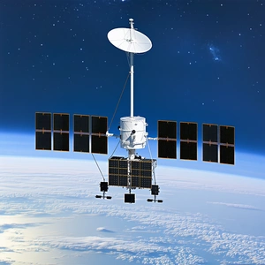 A Space Satellite With A Large Dish Antenna, Which Is Connected To A Satellite Dish