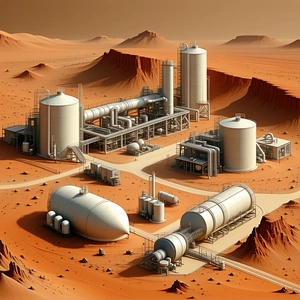 A Futuristic City With A Large Number Of Cylindrical Structures, Which Appear To Be Oil Refineries