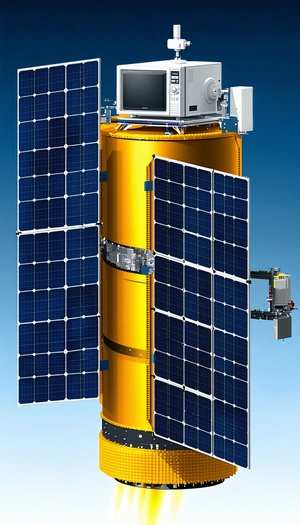 A Large, Yellow Satellite Is Shown In A Blue Sky