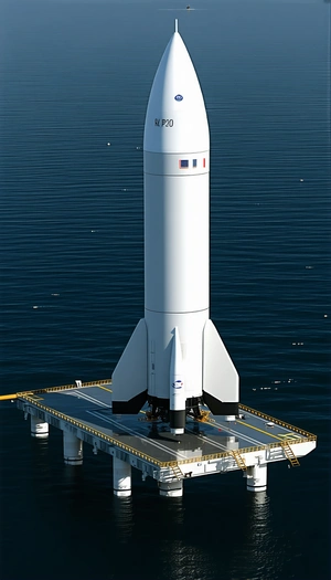 A Large White Rocket Ship, Possibly A Space Shuttle, Sitting On A Platform In The Ocean